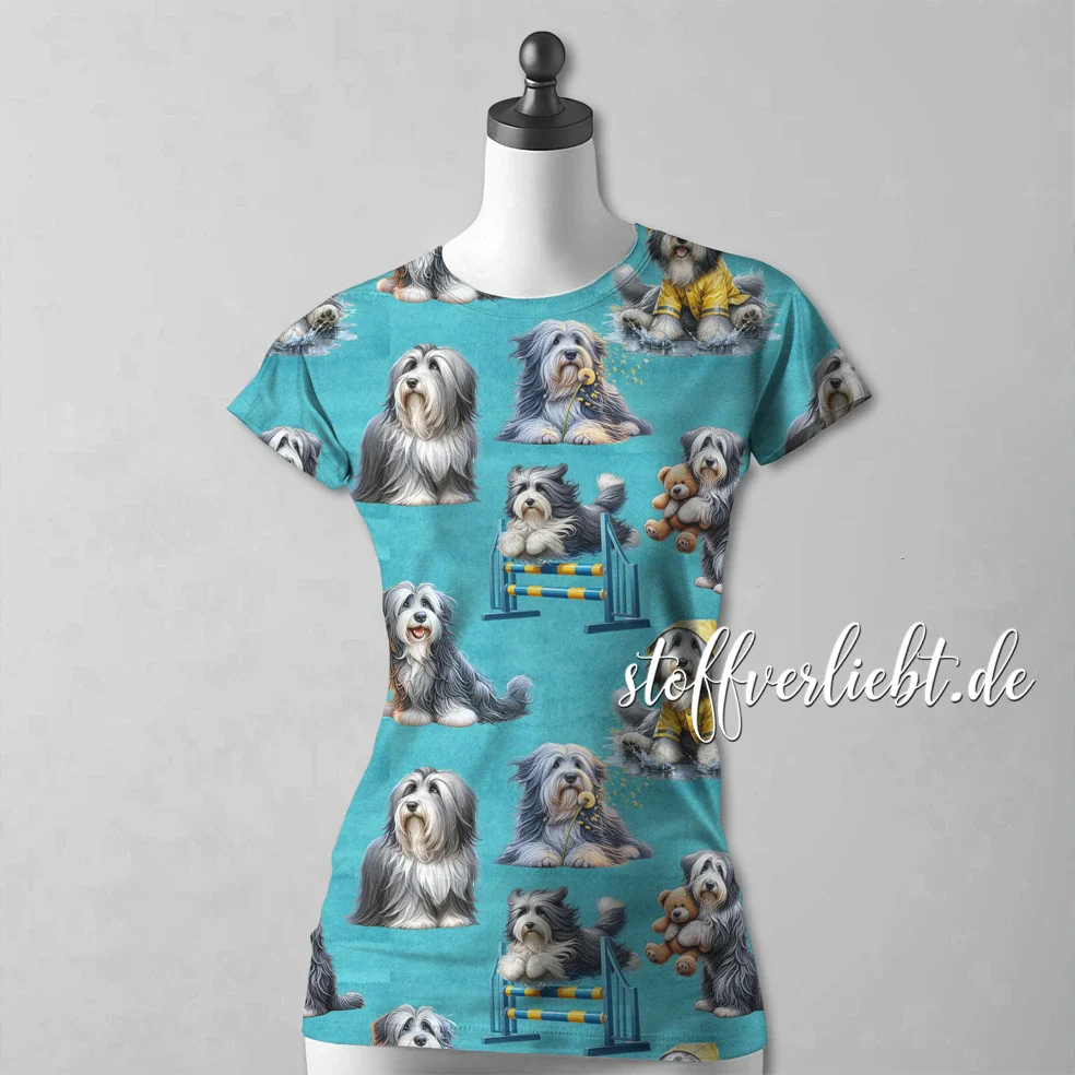 French Terry Hundestoff Old English Sheepdog – Bobtail Motiv auf türkisfarbenem Stoff, genäht als T-Shirt“