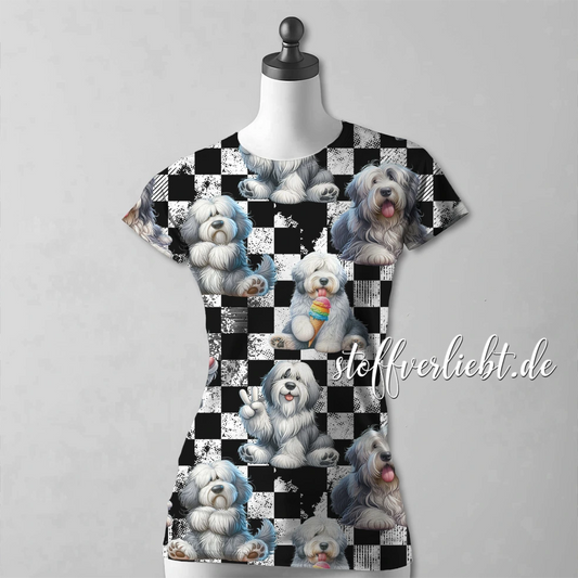 Shirt mit French Terry im Schachbrettmuster mit Old English Sheepdogs – Designbeispiel von stoffverliebt.de