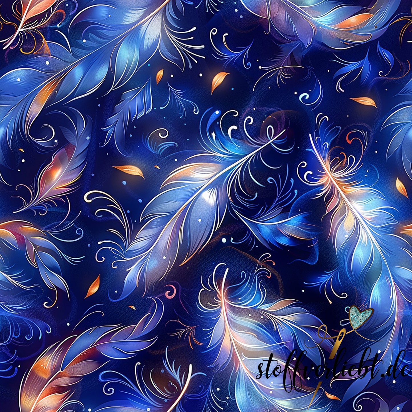 Glow-in-the-Dark Kunstleder mit Federdesign in Blau Kupfer Gold – ideal für Taschen und Rucksäcke
