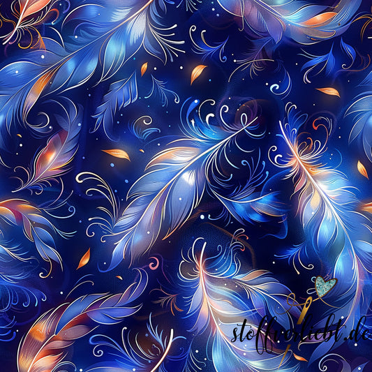 Glow-in-the-Dark Kunstleder mit Federdesign in Blau Kupfer Gold – ideal für Taschen und Rucksäcke
