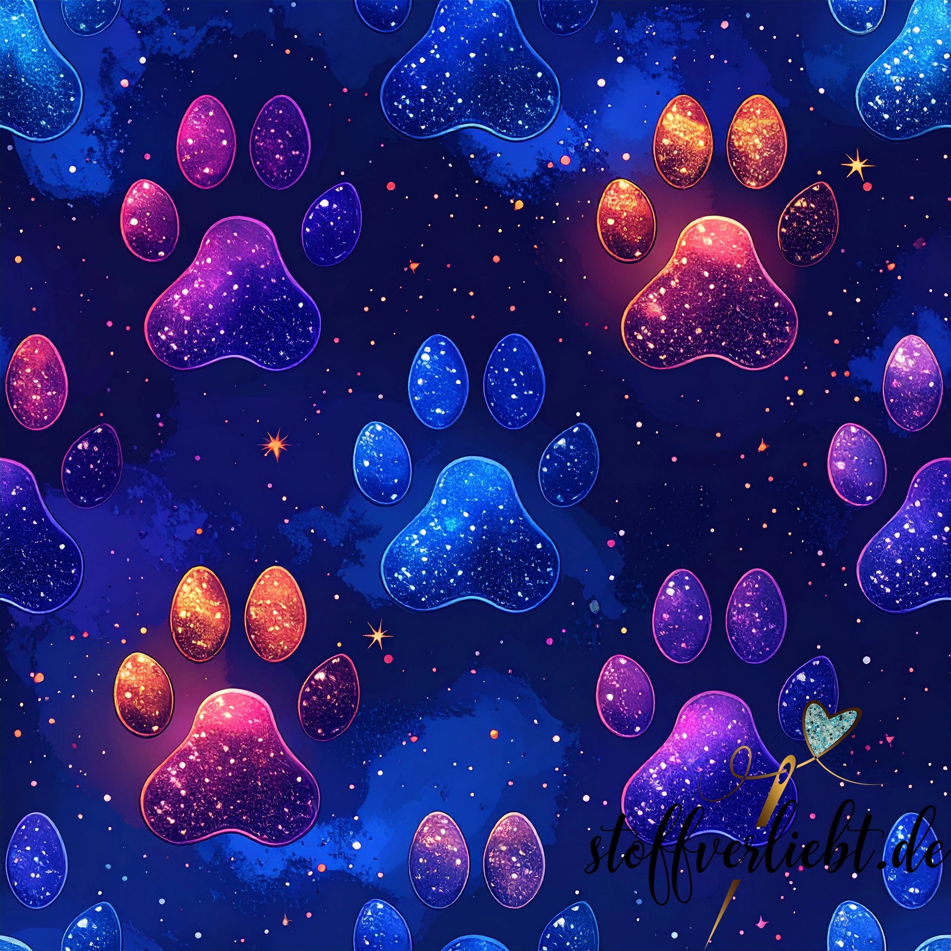Glow-in-the-Dark Kunstleder mit Galaxy Pfoten in Blau Pink Lila – ideal für Taschen und Rucksäcke
