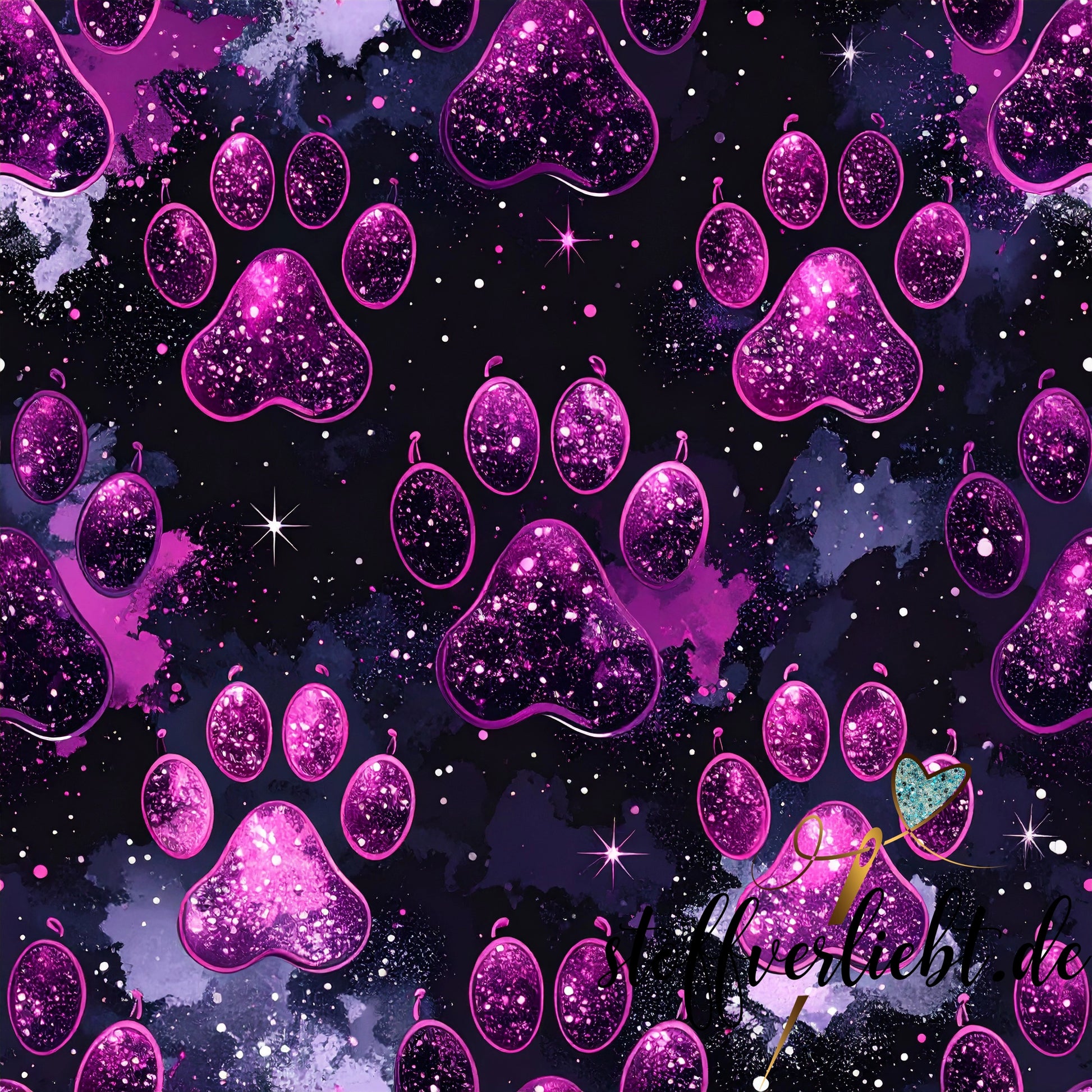Glow-in-the-Dark Kunstleder mit Galaxy Pfoten in Pink Violett – ideal für Taschen und Rucksäcke
