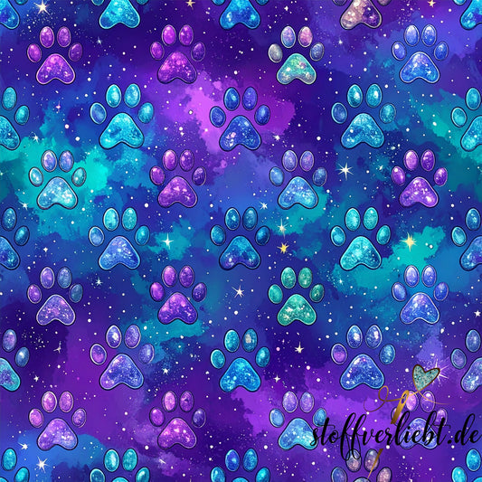 Glow-in-the-Dark Kunstleder mit Galaxy Pfoten in Türkis Blau Violett – ideal für Taschen und Rucksäcke
