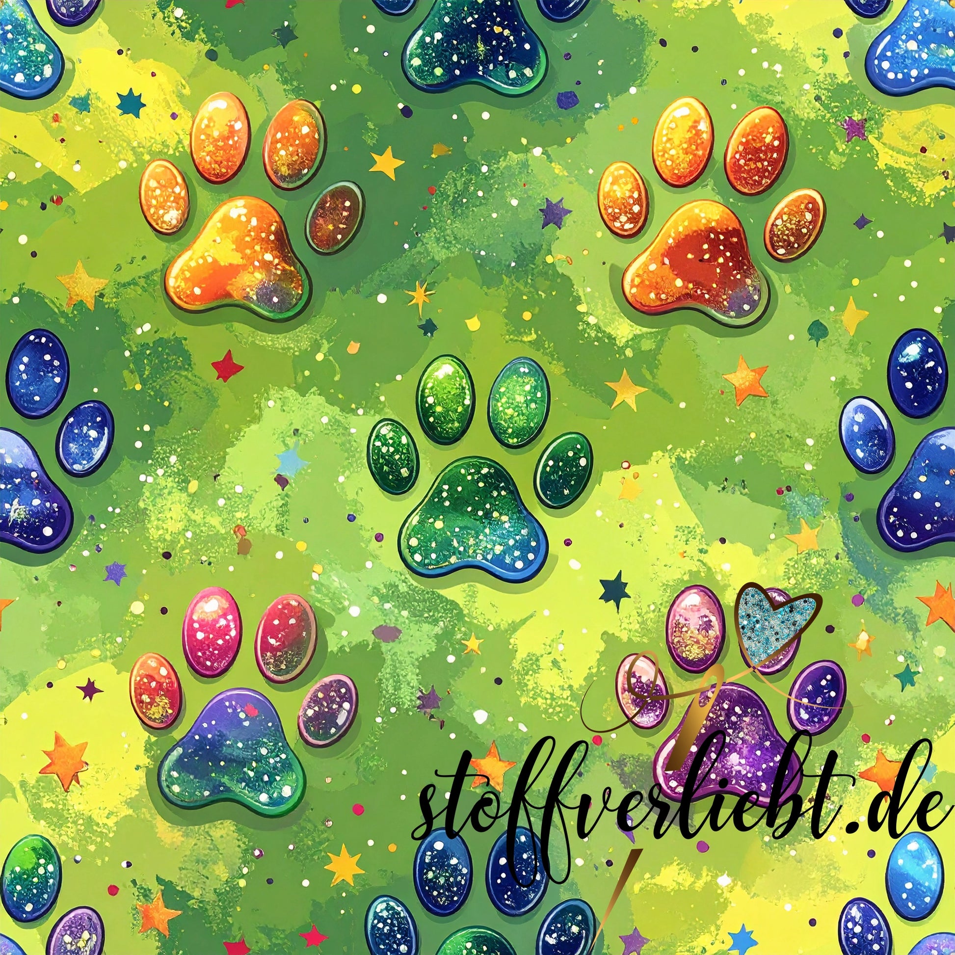 Glow-in-the-Dark Kunstleder mit leuchtenden Pfoten in Grün Gelb Rainbow – perfekt für Taschen und Rucksäcke.
