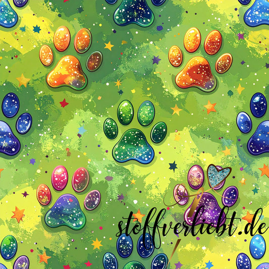 Glow-in-the-Dark Kunstleder mit leuchtenden Pfoten in Grün Gelb Rainbow – perfekt für Taschen und Rucksäcke.
