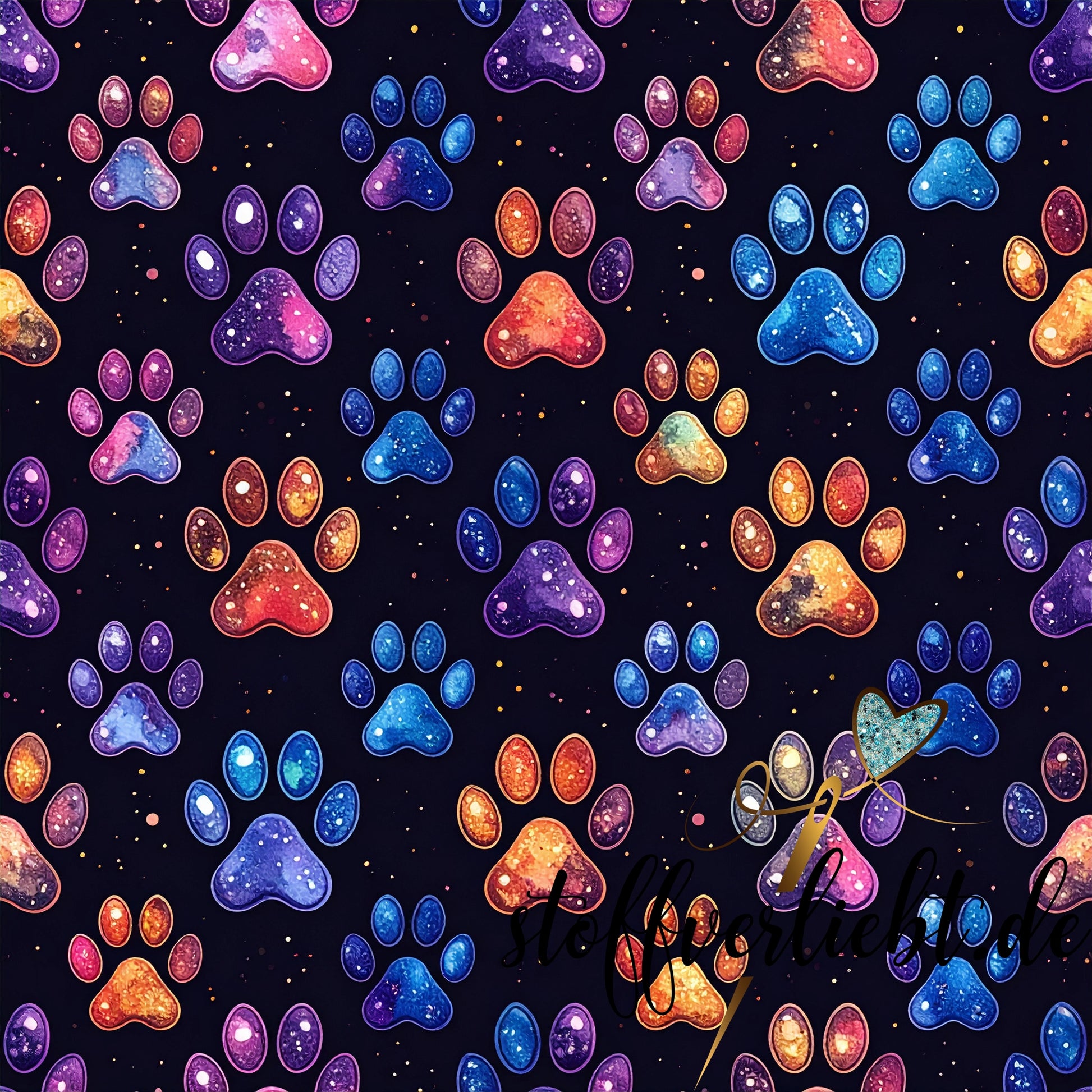 Glow-in-the-Dark Kunstleder mit leuchtenden Galaxy-Pfoten in Rainbow Multicolor – ideal für Taschen und Rucksäcke.
