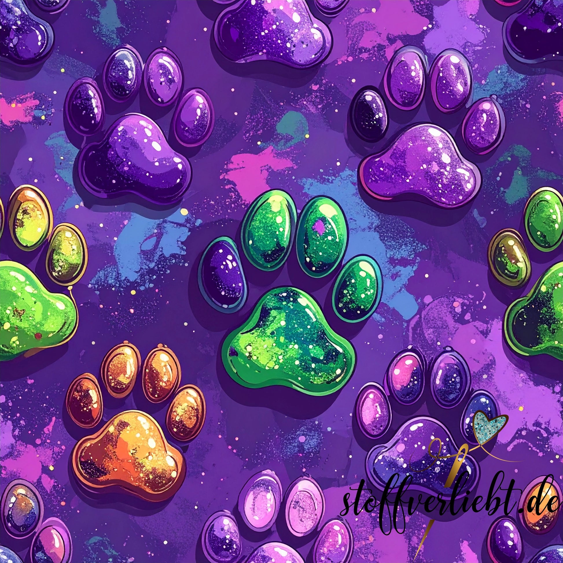 Glow-in-the-Dark Kunstleder mit leuchtenden Galaxy-Pfoten in Violett Grün Gold – ideal für Taschen und Rucksäcke.
