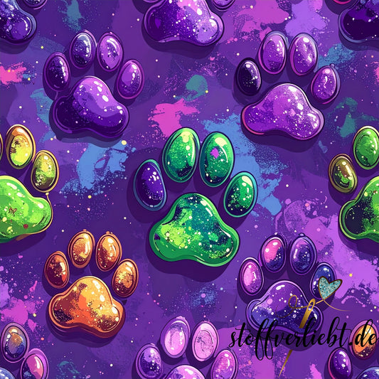 Glow-in-the-Dark Kunstleder mit leuchtenden Galaxy-Pfoten in Violett Grün Gold – ideal für Taschen und Rucksäcke.
