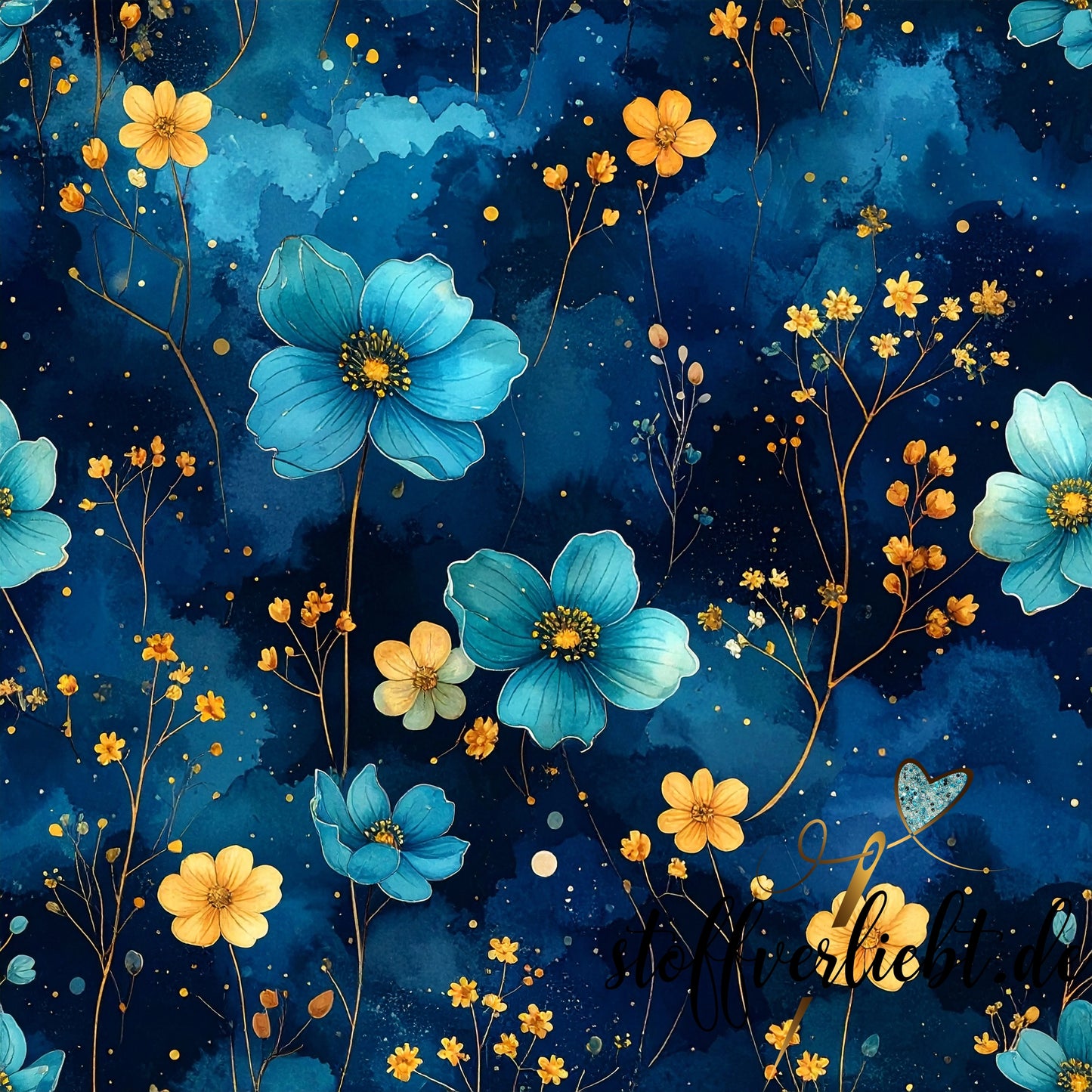 Glow-in-the-Dark Kunstleder mit Blumenmotiv in Blau Gold – ideal für Taschen und Rucksäcke.
