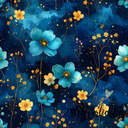 Glow-in-the-Dark Kunstleder mit Blumenmotiv in Blau Gold – ideal für Taschen und Rucksäcke.
