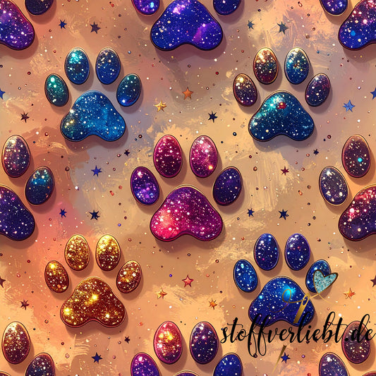 Glow in the Dark Kunstleder mit Galaxy Pfoten auf Beige – ideal für Taschen und Rucksäcke.
