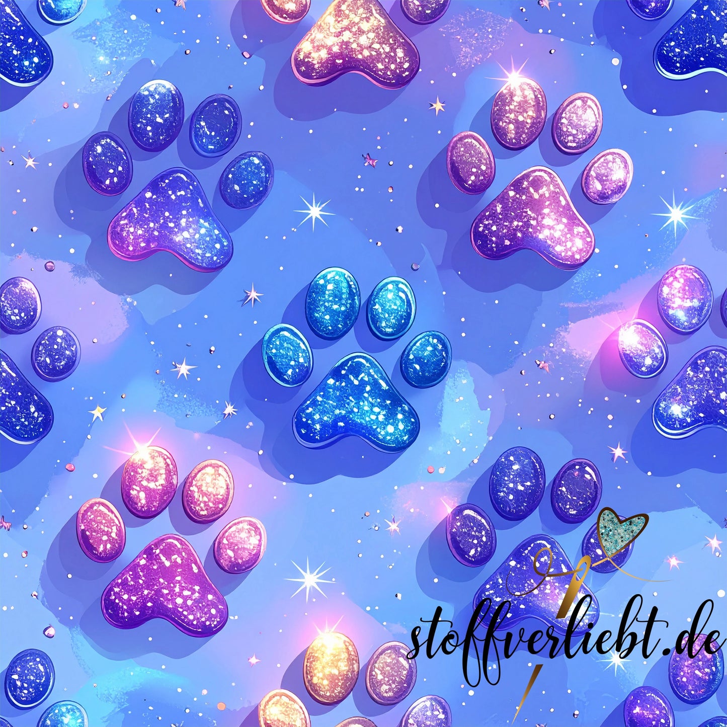 Glow in the Dark Kunstleder mit Galaxy Pfoten auf Hellblau – ideal für Taschen und Rucksäcke.
