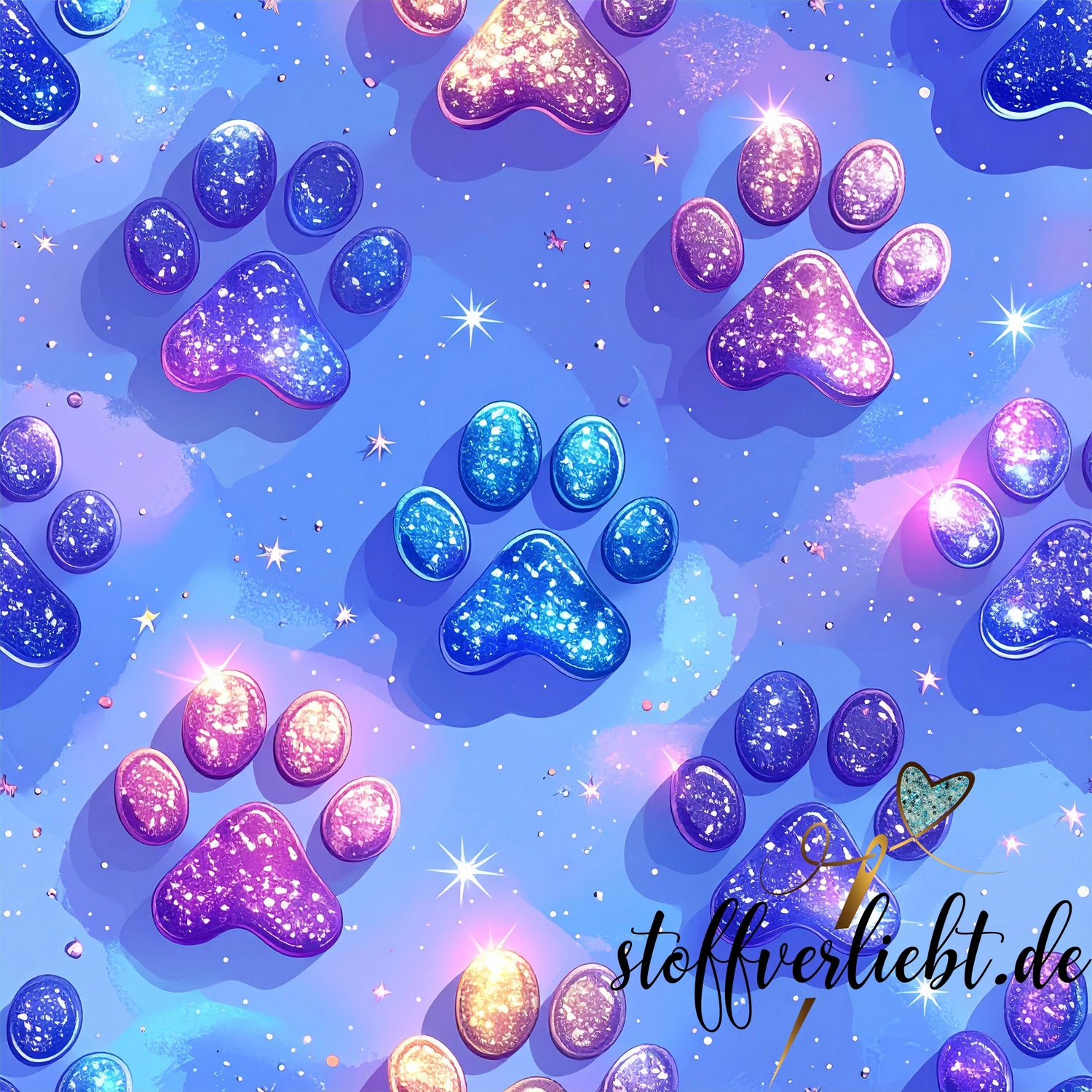 Glow in the Dark Kunstleder mit Galaxy Pfoten auf Hellblau – ideal für Taschen und Rucksäcke.
