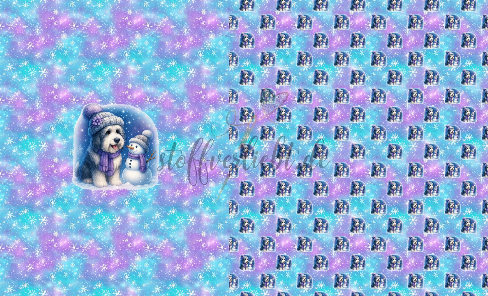 French Terry Panel mit Beardie Motiv in winterlicher Gestaltung in Blau Türkis und Lila
