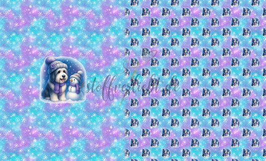 French Terry Panel mit Beardie Motiv in winterlicher Gestaltung in Blau Türkis und Lila
