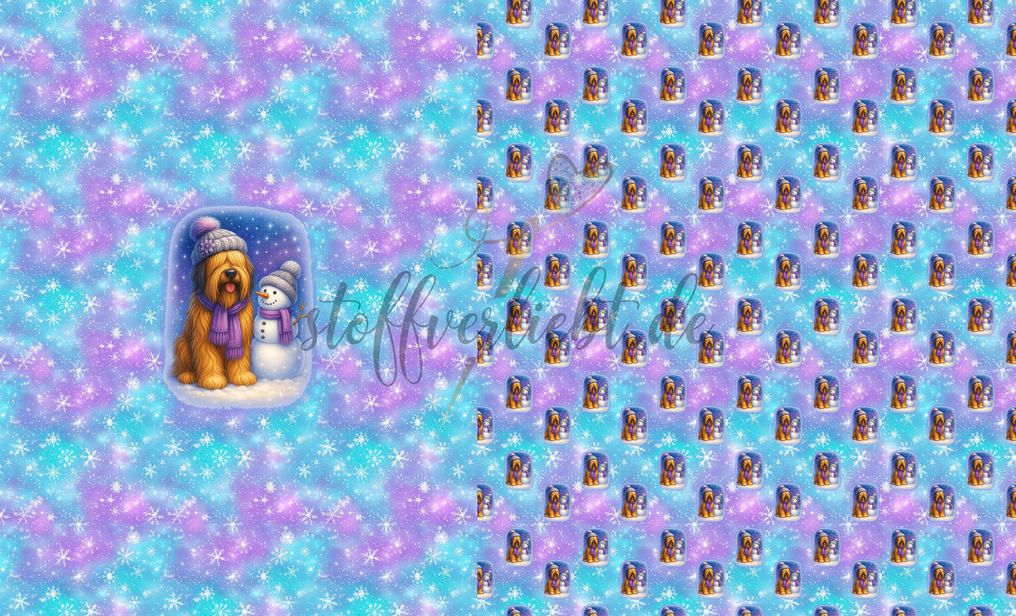 French Terry Panel mit Briard Motiv in winterlicher Gestaltung in Blau Türkis und Lila
