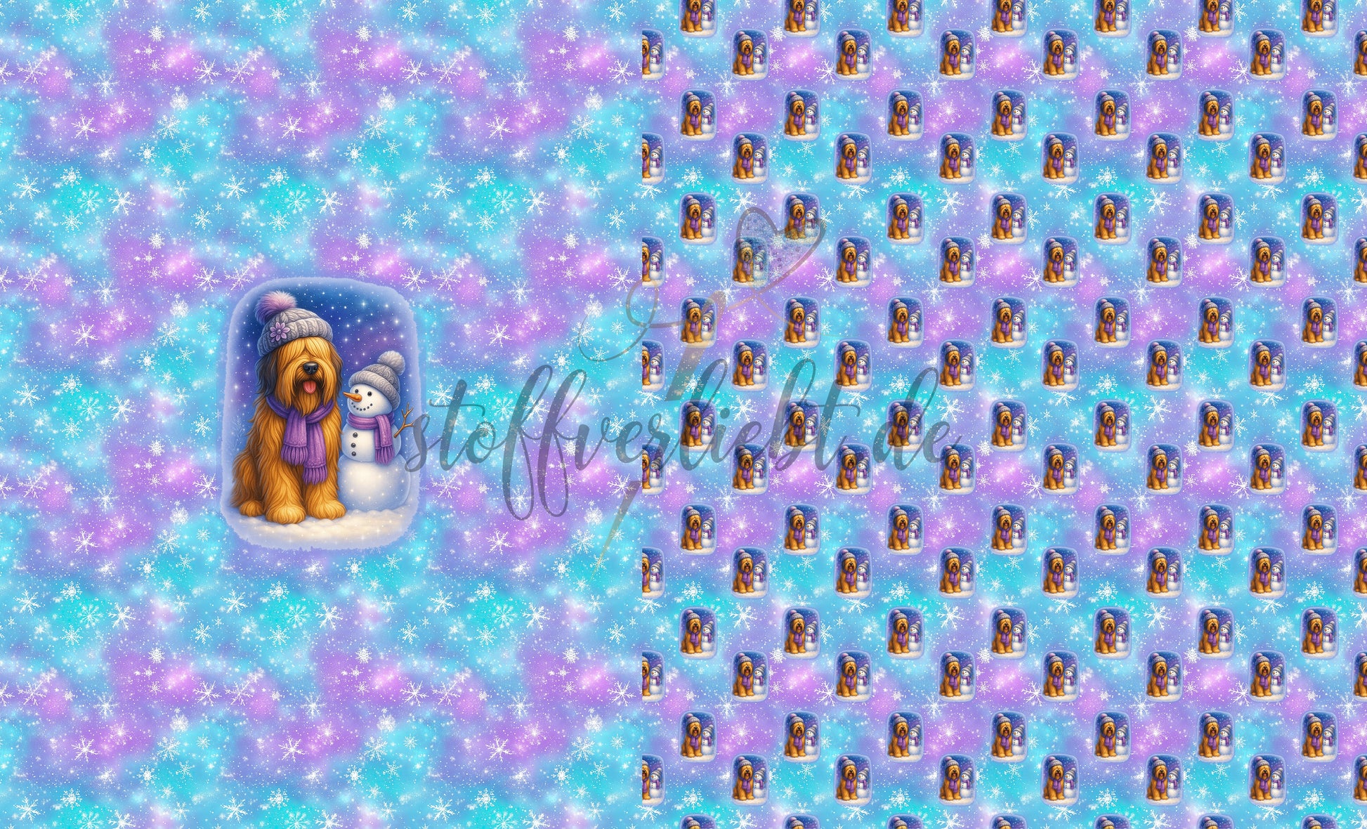 French Terry Panel mit Briard Motiv in winterlicher Gestaltung in Blau Türkis und Lila
