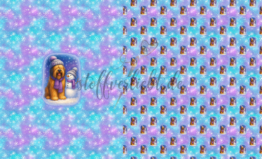 French Terry Panel mit Briard Motiv in winterlicher Gestaltung in Blau Türkis und Lila
