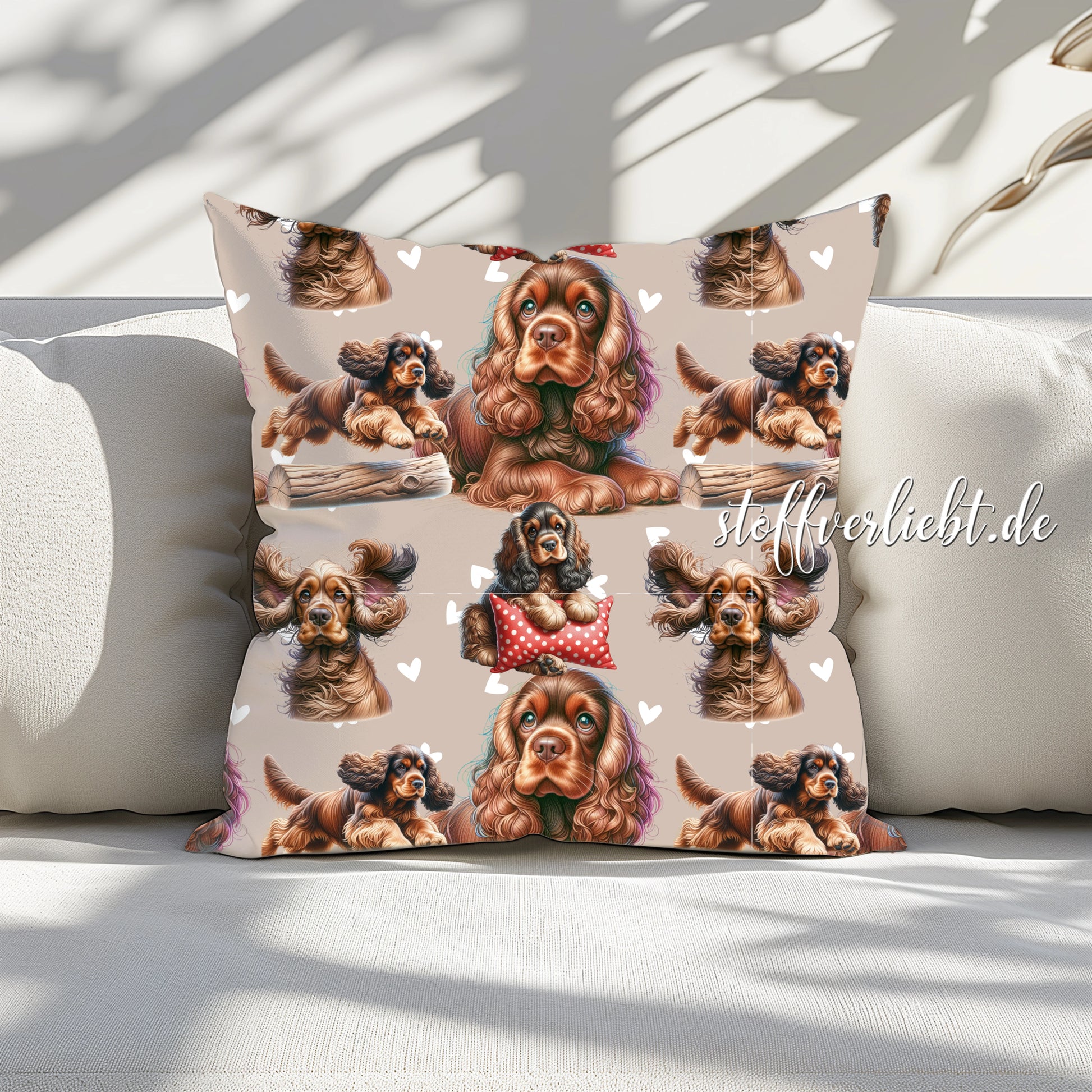 Kissenbezug aus French Terry mit Cocker Spaniel Motiv – liebevoller Hunde-Print auf Beige