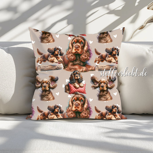 Kissenbezug aus French Terry mit Cocker Spaniel Motiv – liebevoller Hunde-Print auf Beige