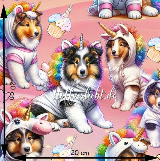 French Terry Stoff mit Collie-Welpen im Einhornkostüm, Cupcakes und Regenbogenfarben auf Rosa