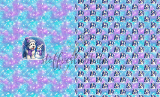 French Terry Panel mit Bobtail OES Motiv in winterlicher Gestaltung in Blau Türkis und Lila
