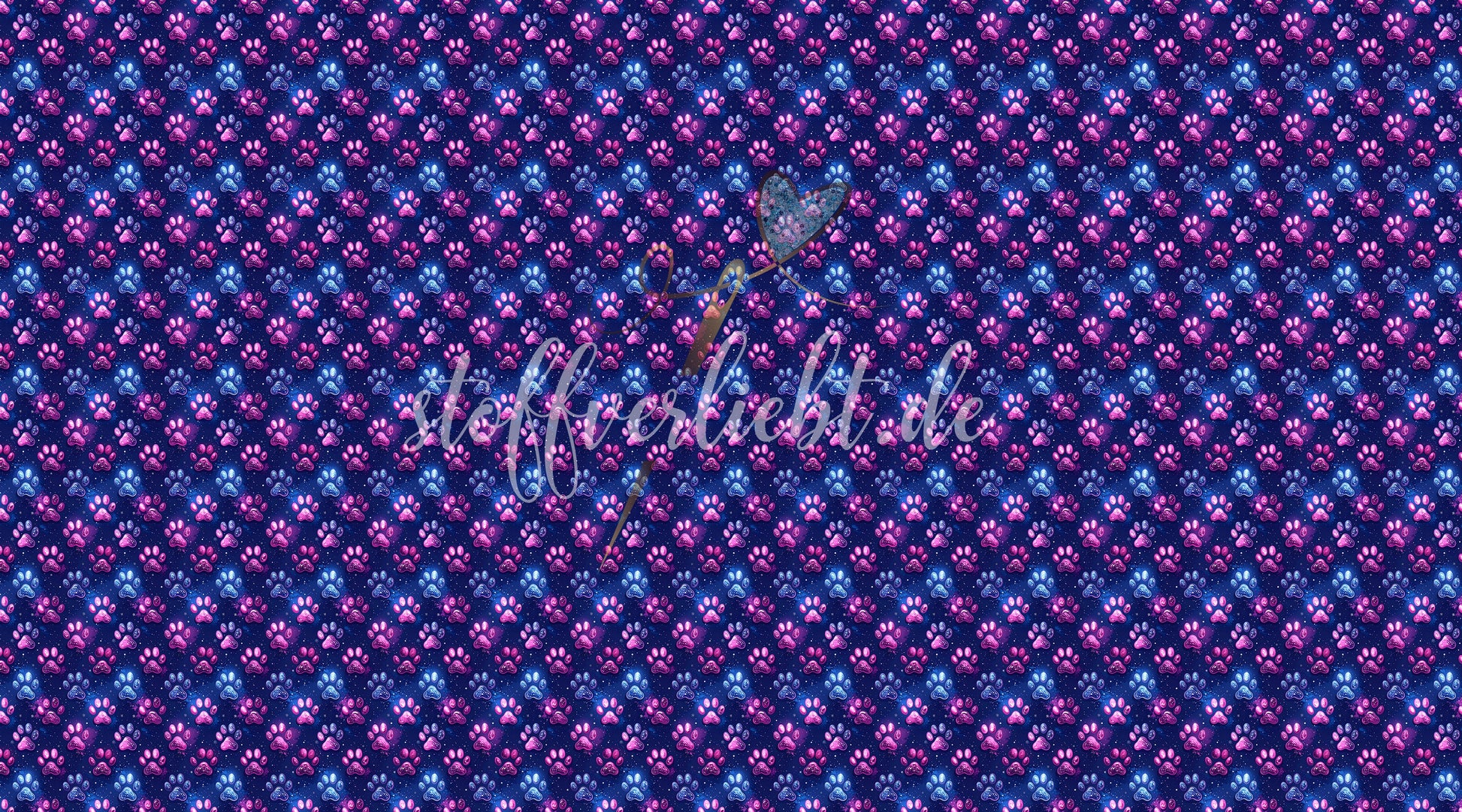 French Terry Meterware mit leuchtenden Hundepfoten in Pink und Blau auf dunkelblauem Hintergrund
