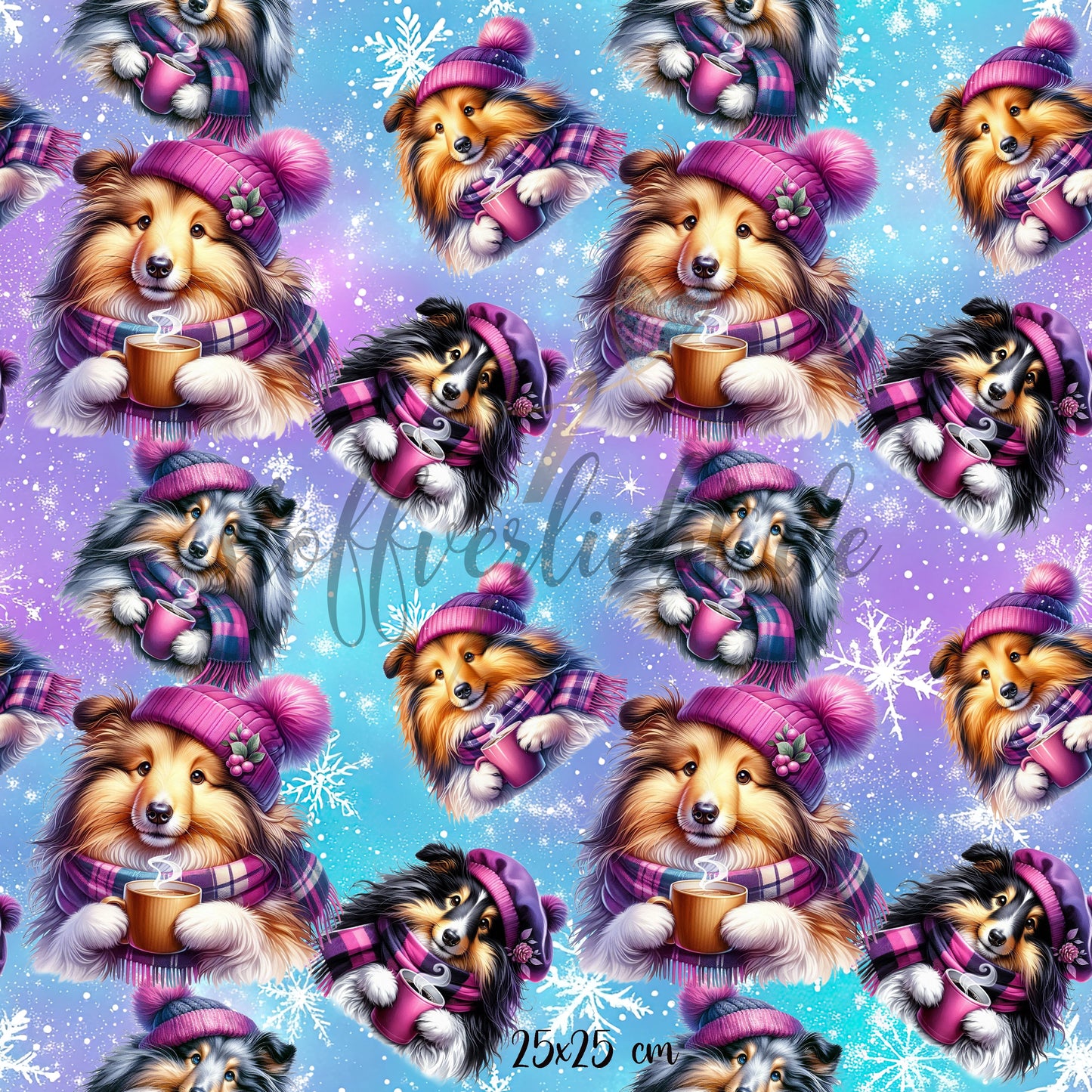 French Terry Stoff mit Sheltie Motiv in winterlicher Szene mit Mütze Schal und Schneeflocken in Blau Türkis und Lila
