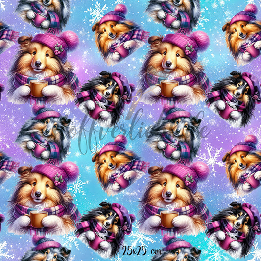 French Terry Stoff mit Sheltie Motiv in winterlicher Szene mit Mütze Schal und Schneeflocken in Blau Türkis und Lila
