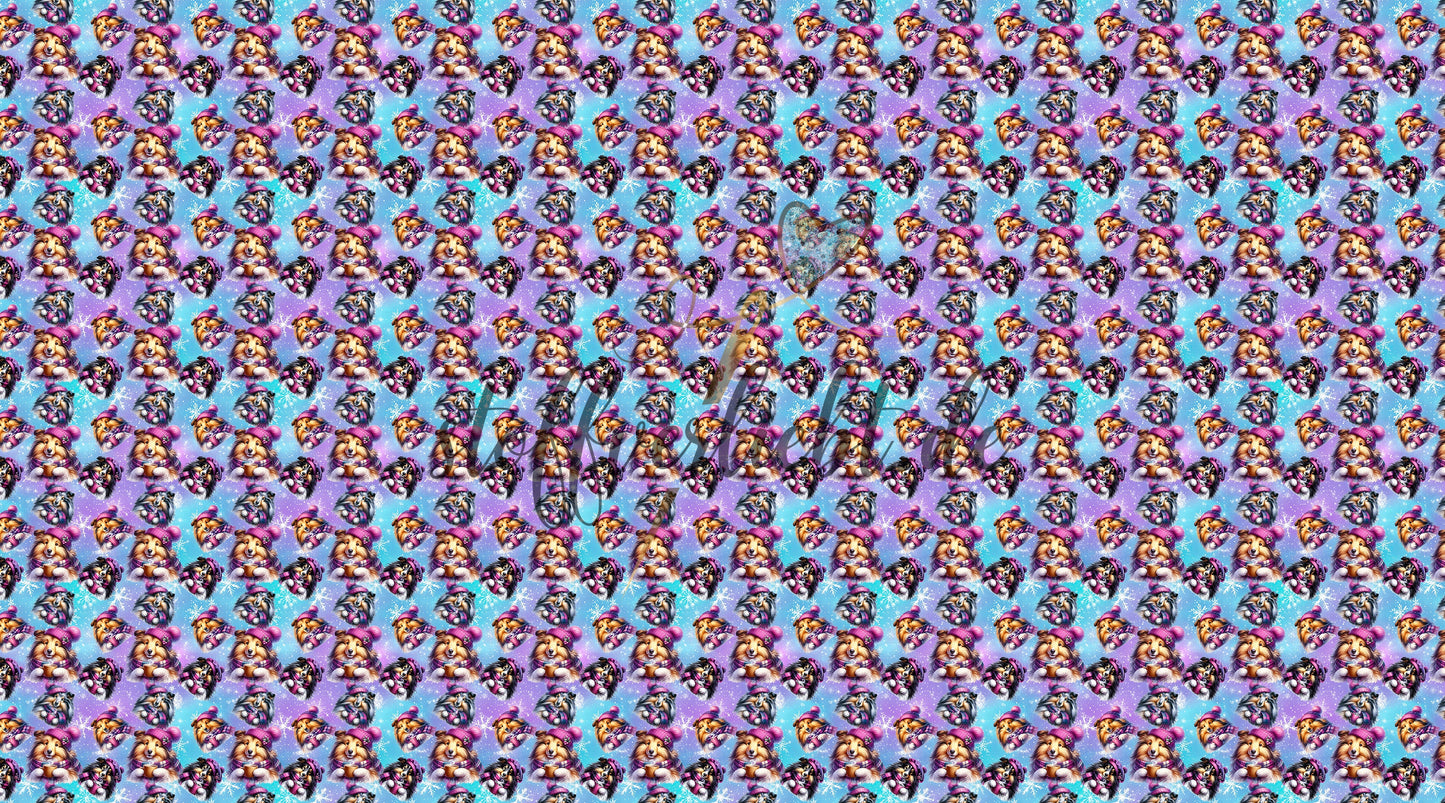 French Terry Meterware mit wiederholendem Sheltie Wintermotiv auf blau türkis lila Hintergrund
