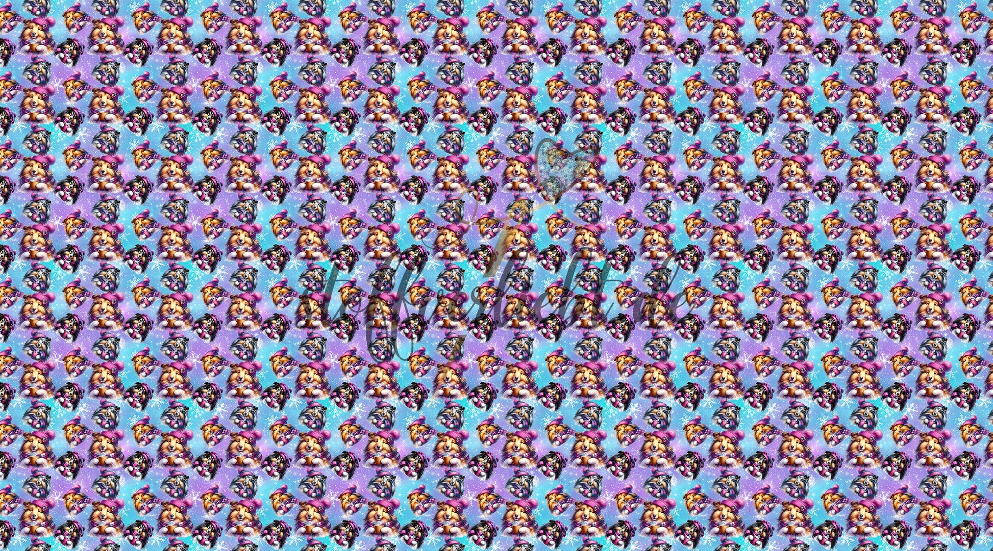 French Terry Meterware mit wiederholendem Sheltie Wintermotiv auf blau türkis lila Hintergrund
